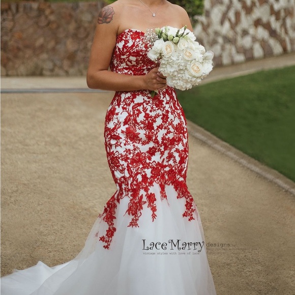 Red and White Lace Mermaid Gown with Train (Prom/Wedding Dress) - Picture 1 of 12
